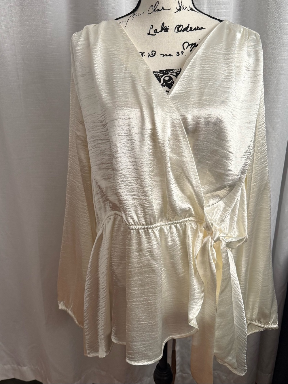 Elegant Ivory Satin Wrap Blouse with Tie Waist - Lane Bryant